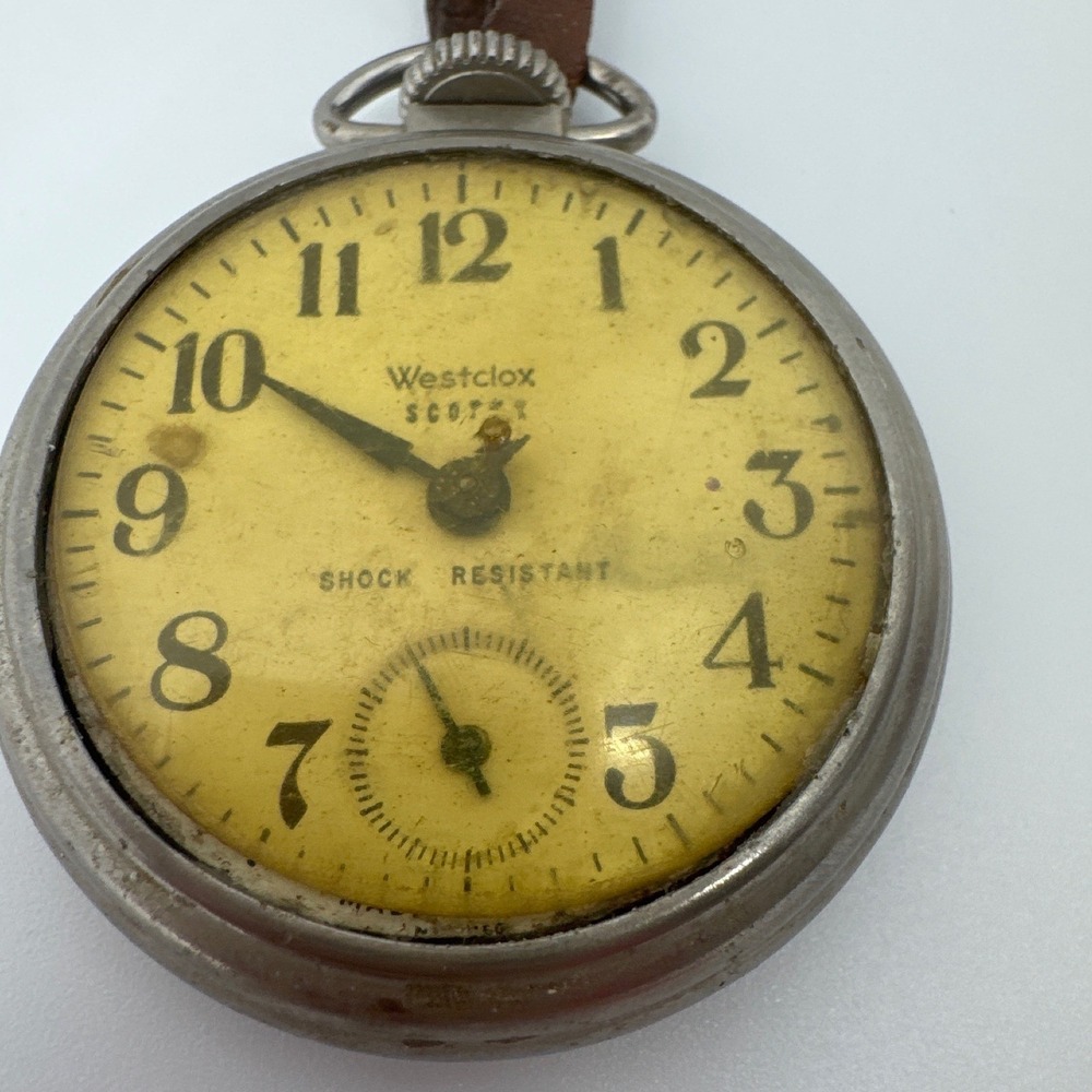 Westclox Scotty Vintage Pocket Watch Silver Cream Shock Resistant Leather Fob